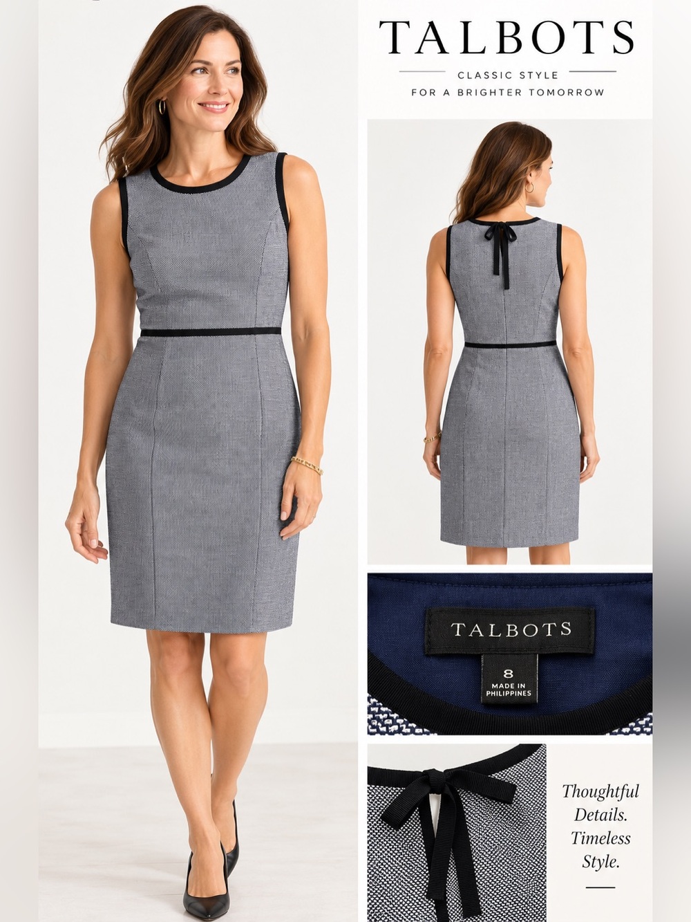Talbots Women’s Size 8 Navy White Textured Sheath Dress Black Trim Career